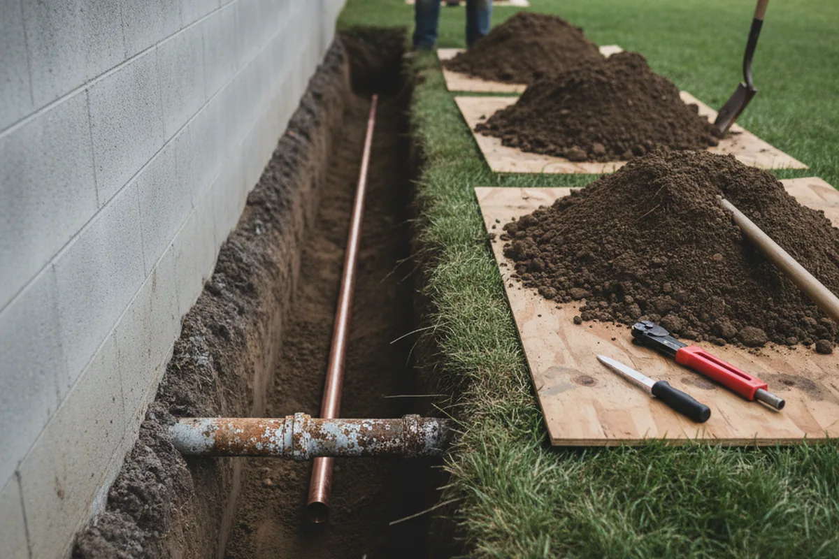 Excavated water line trench during Sewer Line Repair in Purdys